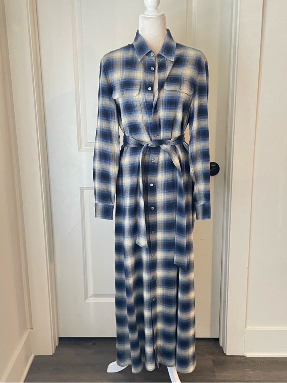 New Polo Ralph Lauren Plaid Button-Front Shirt Dress with Waist Tie - Blue Sz 10 - Picture 4 of 9